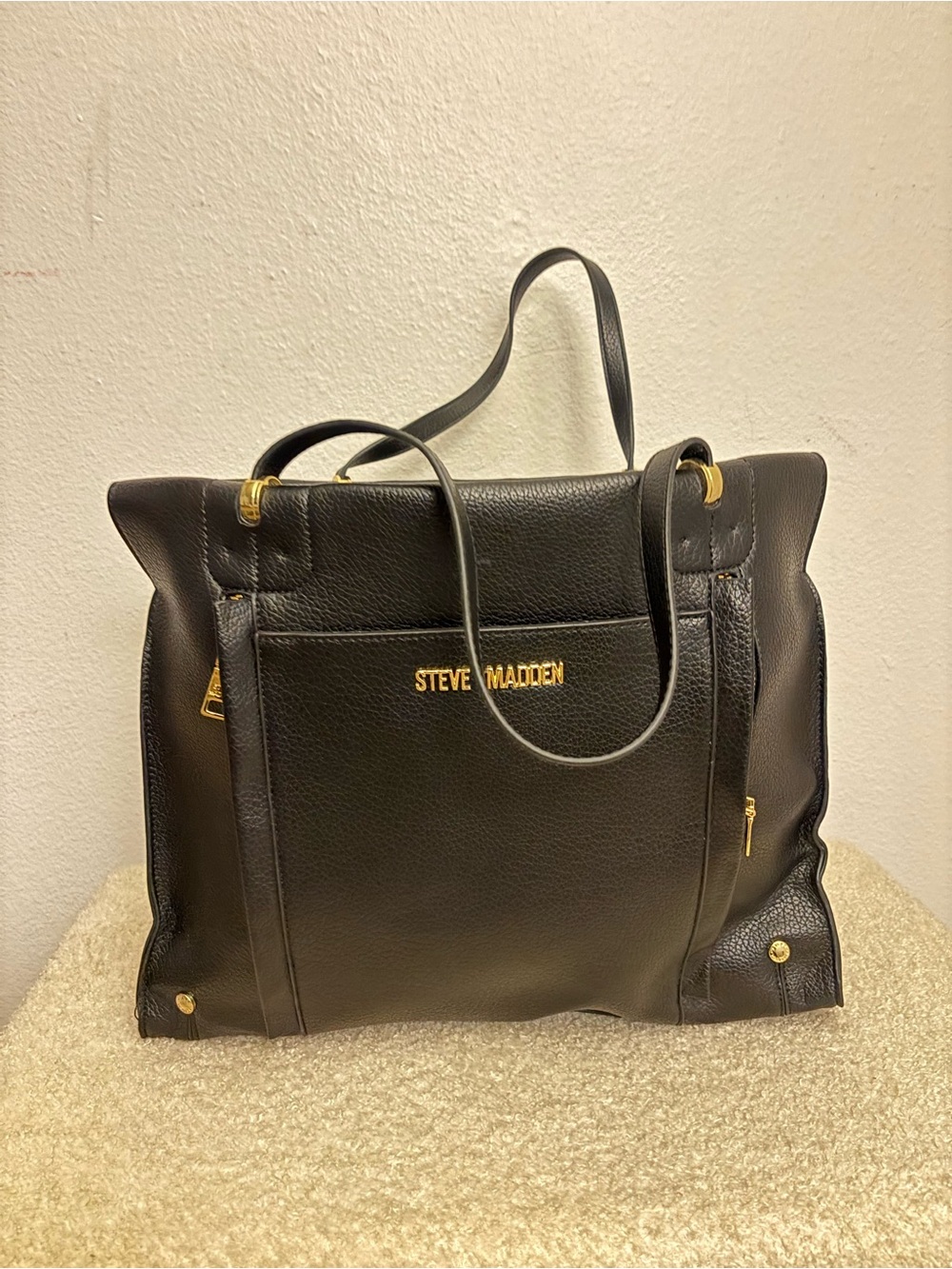 Steve Madden Black Pebbled Leather Tote with Gold Accents
